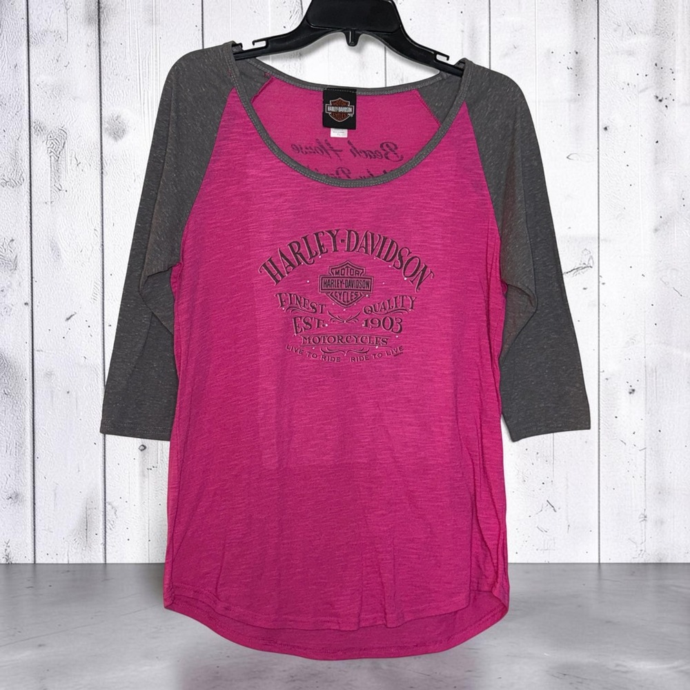 Harley-Davidson Pink Gray Raglan 3/4 Sleeve Graphic Tee Shirt XL Beach House NC